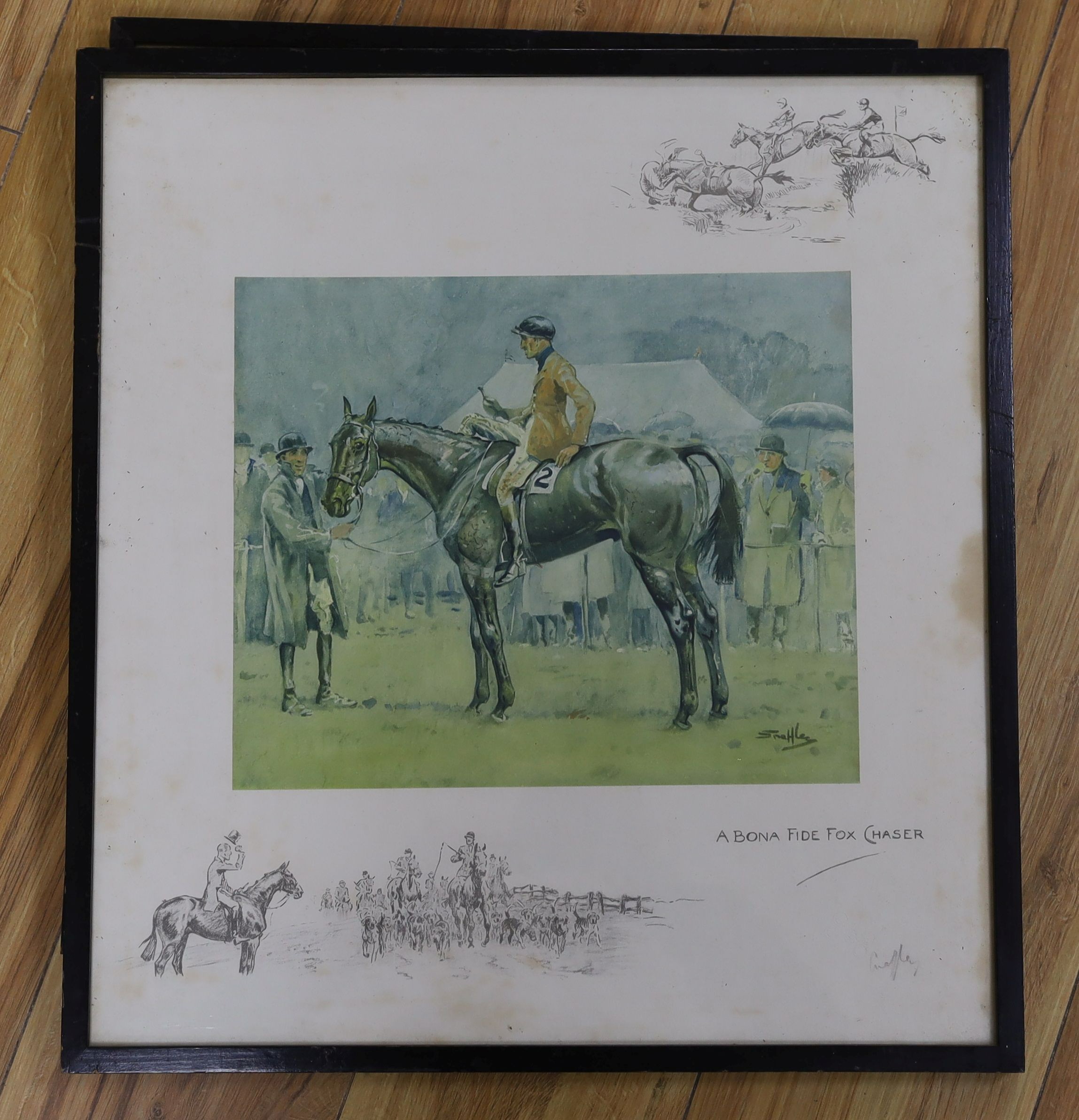 Charles Johnson Payne (Snaffles) five coloured prints, signed in pencil and bit proof stamped two other Snaffles prints and assorted other hunting prints Largest 32x59cm